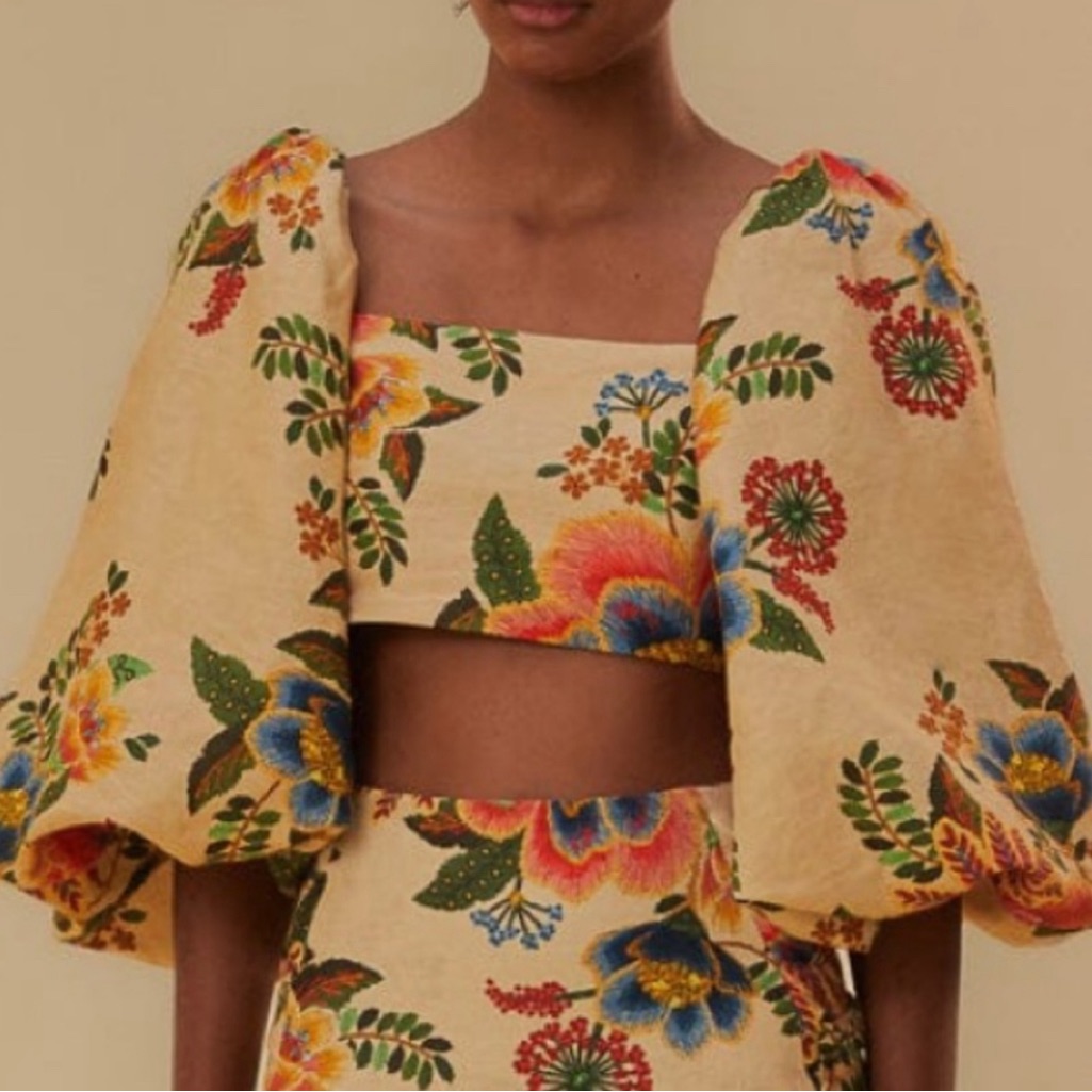 Farm Rio Floral Puff Sleeve Crop Top - Multicolor